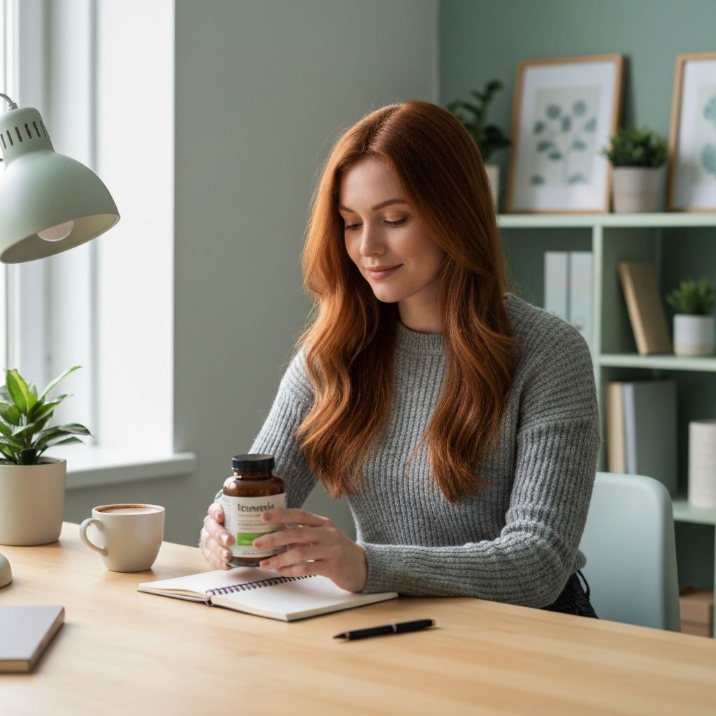 Woman at desk studying supplement label carefully with notepad and natural lighting