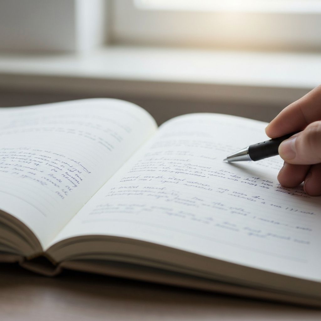 Notebook with writing, pen, and supplement research notes on a calm study desk