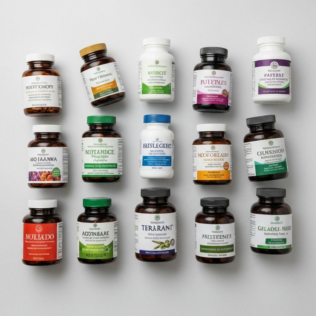 Flat lay of supplement bottles with clearly visible ingredient labels organized on light background